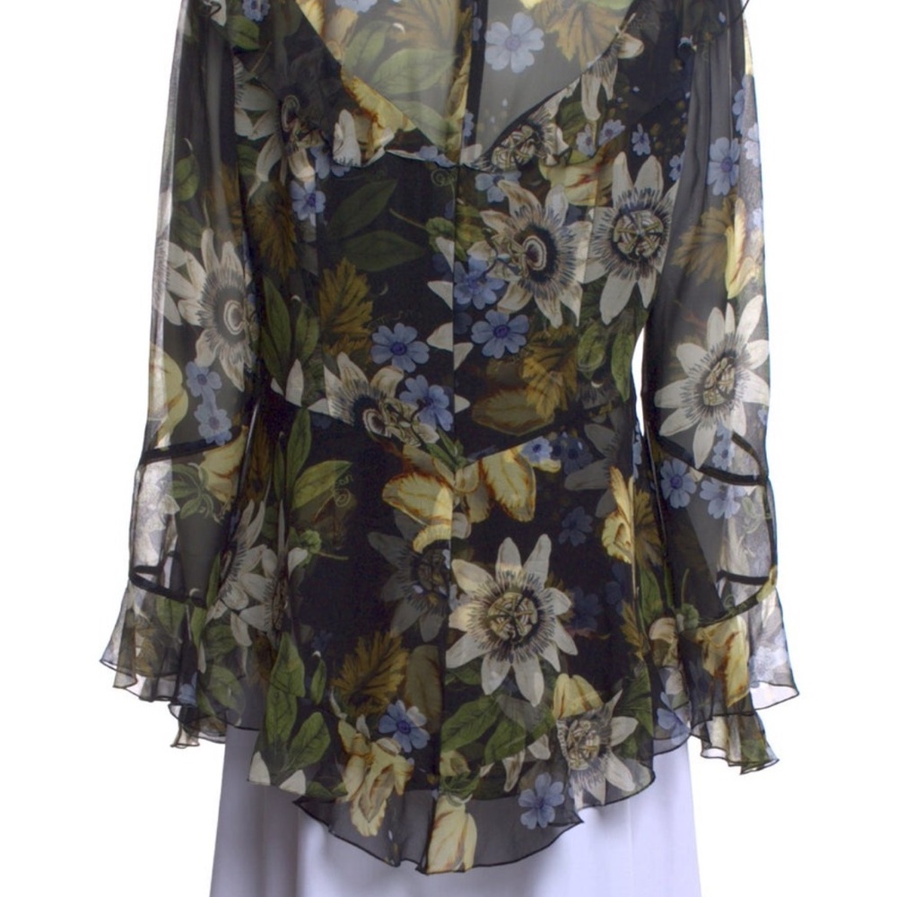 ERDEM Blue and Green Asymmetrical Ruffled Blouse